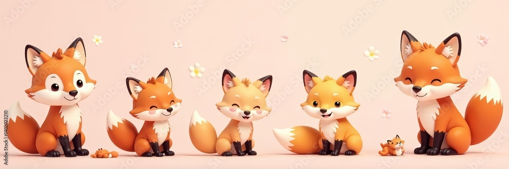 Fototapeta premium Cute foxes in various poses and colors on a pastel background, Nursery, Cute