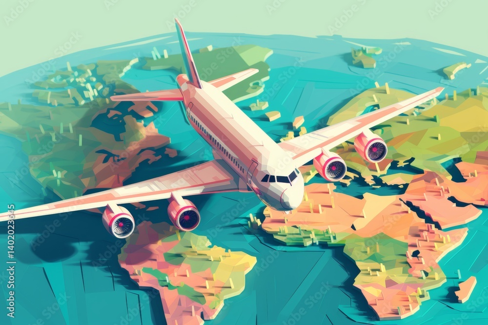 Naklejka premium Airplane flying over a detailed world map, illustrating global travel and international connectivity