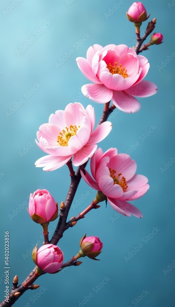 Fototapeta premium Dainty blue branch adorned with peony rose and sakura flowers in full bloom, botanical, spring, blossom