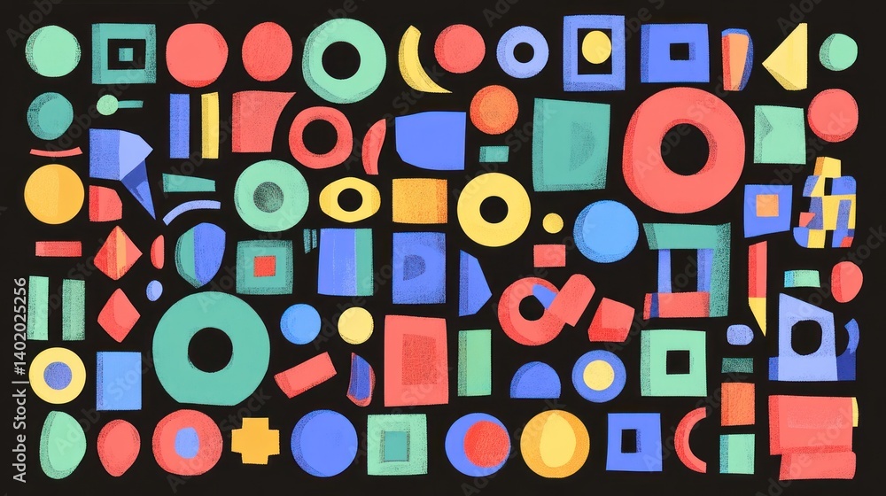 A vibrant collection of colorful geometric shapes on a black background. A vibrant collection of colorful geometric shapes on a black background.