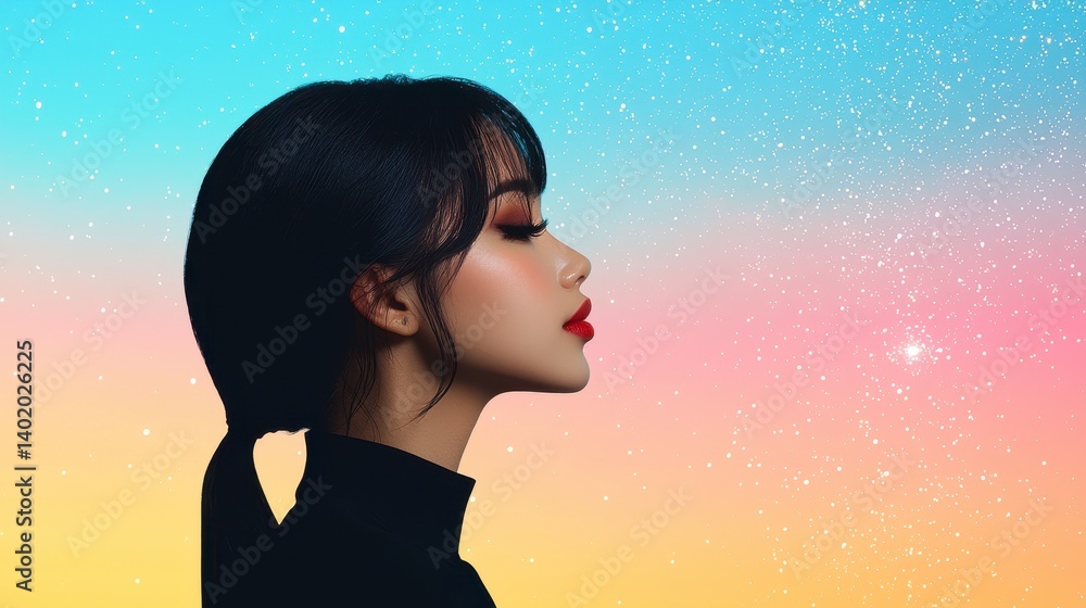 Ethereal Woman Profile Pastel Rainbow Glitter Background Ethereal Woman Profile Pastel Rainbow Glitter Background