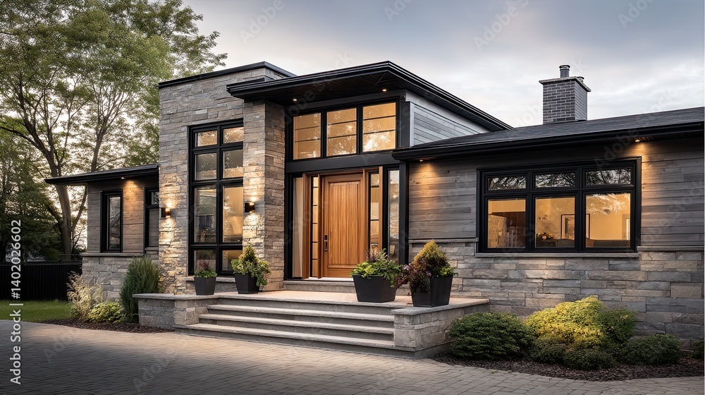 A luxurious home in Canada with a warm taupe exterior and large black-framed windows A luxurious home in Canada with a warm taupe exterior and large black-framed windows