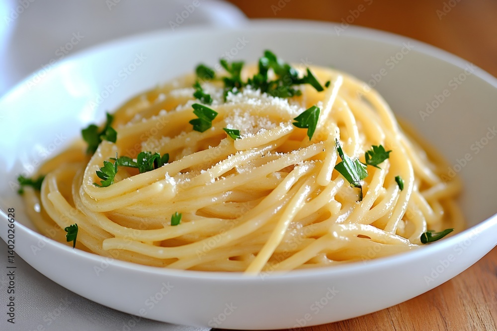 Spaghetti with grated cheese and parsley resting in white bowl Spaghetti with grated cheese and parsley resting in white bowl