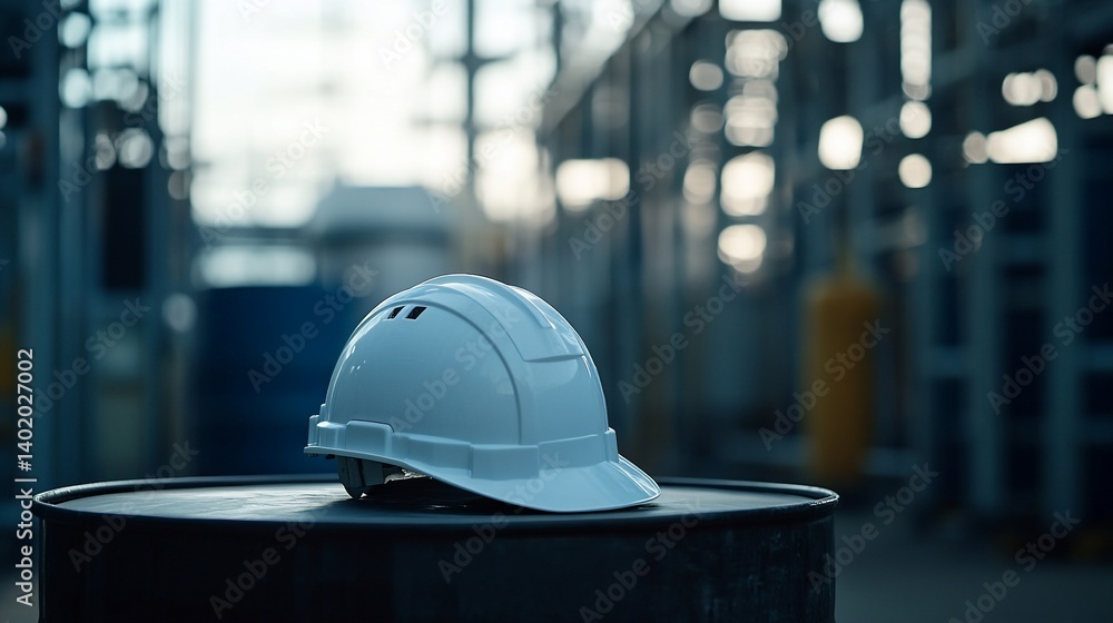 White hardhat rests on barrel, industrial plant background, safety White hardhat rests on barrel, industrial plant background, safety