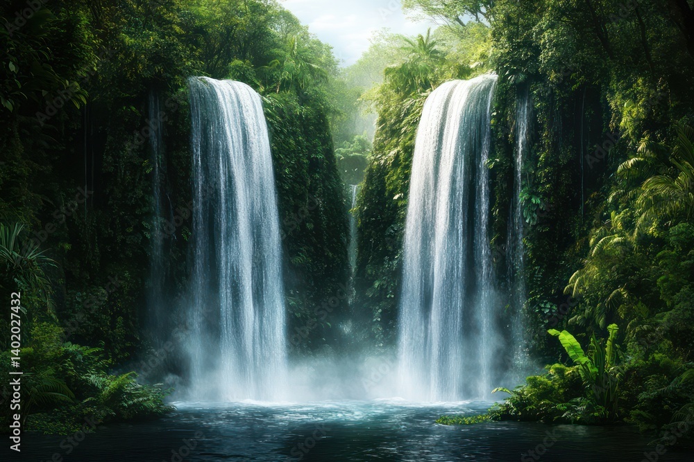 Naklejka premium Two waterfalls in lush forest