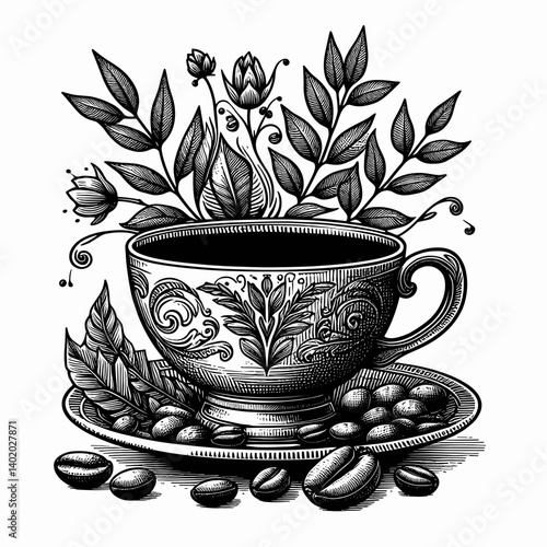 Classic coffee cup with floral design and beans on plate  