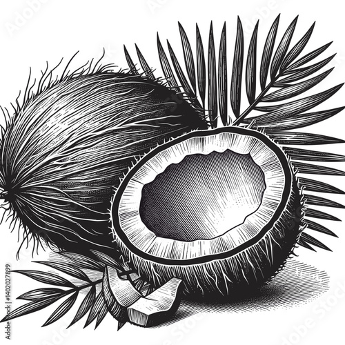 Coconut halves with palm leaves in black and white illustration  