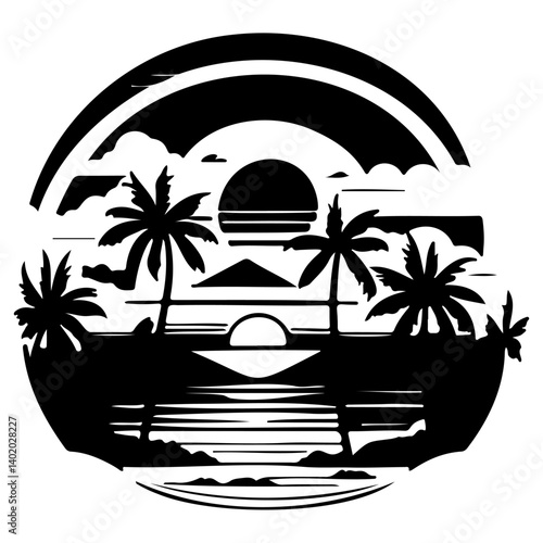 Silhouette Tropical Island at Sunset Graphic