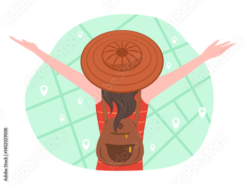 Back View of Traveler Backpacker Woman Relaxing with Outdoor Lifestyle for Travel Concept Illustration