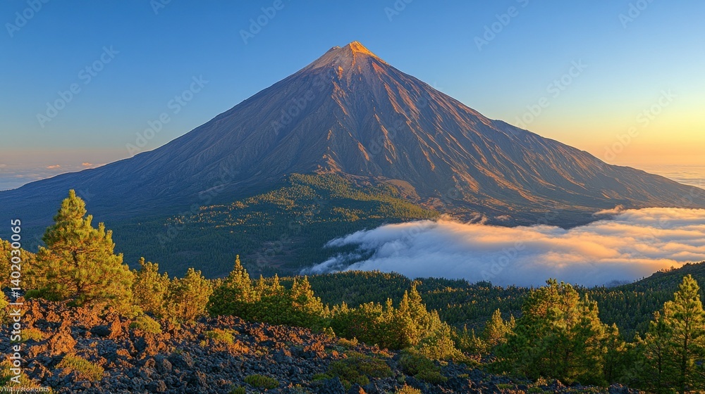 Volcanic peak at sunrise, vibrant colors, majestic mountain. Misty valley, lush forest, volcanic landscape Volcanic peak at sunrise, vibrant colors, majestic mountain. Misty valley, lush forest, volcanic landscape