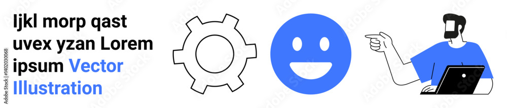 Gear symbol, blue happy face, man working on laptop gesturing forward. Ideal for technology, business, teamwork, communication, presentation, creative processes modern flat landing page banner Gear symbol, blue happy face, man working on laptop gesturing forward. Ideal for technology, business, teamwork, communication, presentation, creative processes modern flat landing page banner