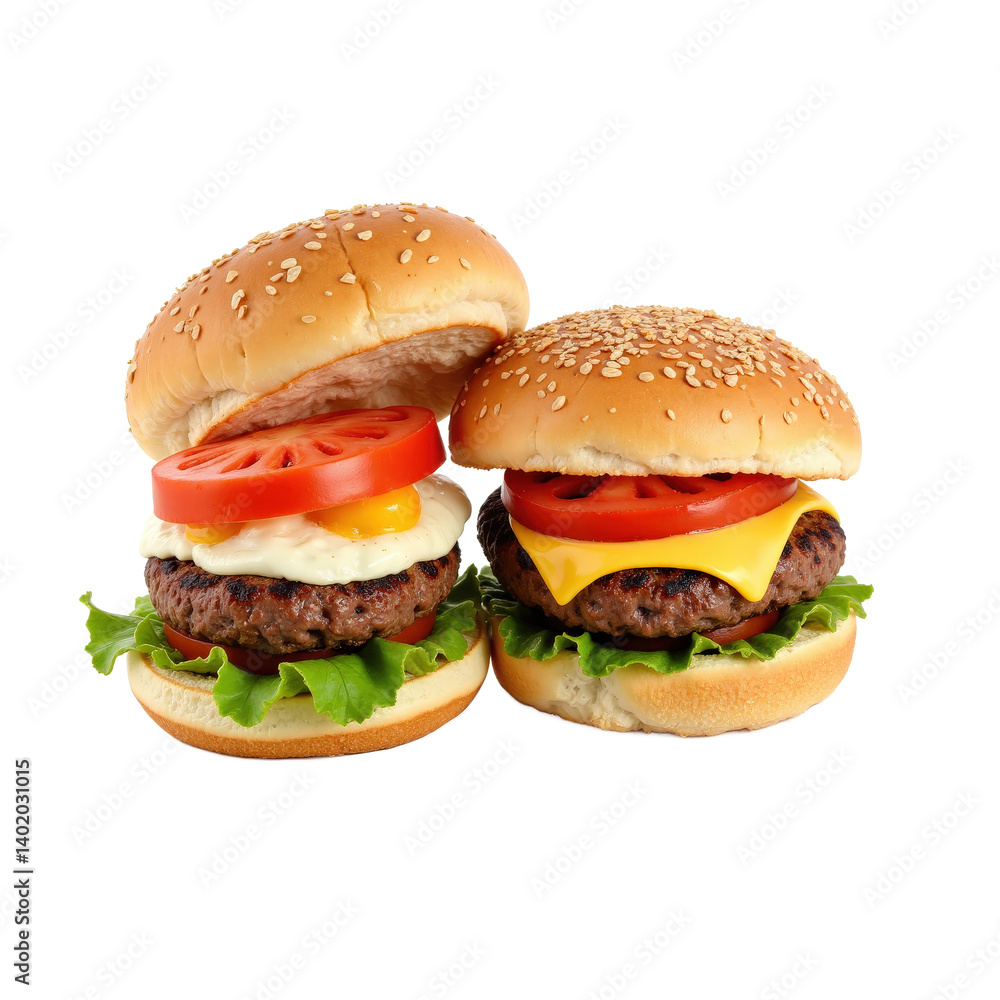 Two delicious cheeseburgers with lettuce, tomato, and egg on sesame seed buns. Two delicious cheeseburgers with lettuce, tomato, and egg on sesame seed buns.