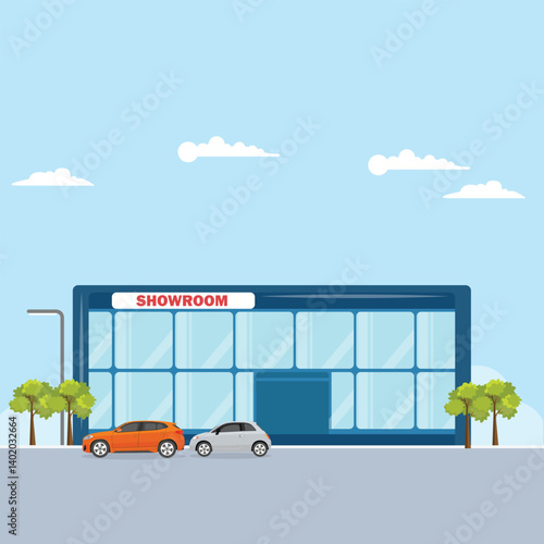 Vector illustration of car showroom in cartoon flat style. Dealership building for selling land vehicle. Automotive industry business car sales. Car parking roadside of glass building