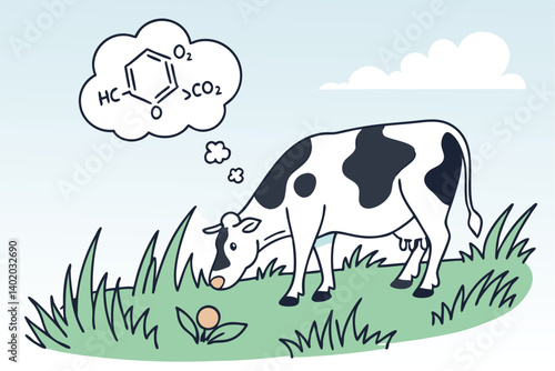 35 Dairy cow in field, methane emissions, CH4 molecule, cartoon style, environmental impact, climate change illustration, green grass, blue sky, white clouds, black and white spotted cow, thought bubb
