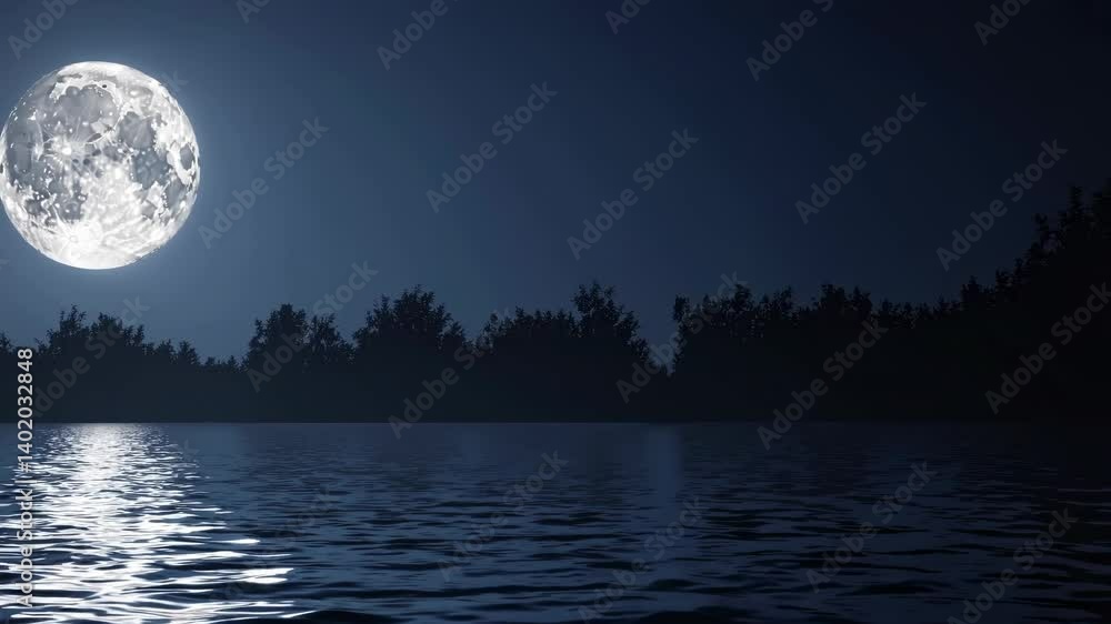 A serene night scene video with a low-angle view of a full moon reflecting on a calm lake, framed by silhouetted trees under a starry sky. Live desktop wallpaper.