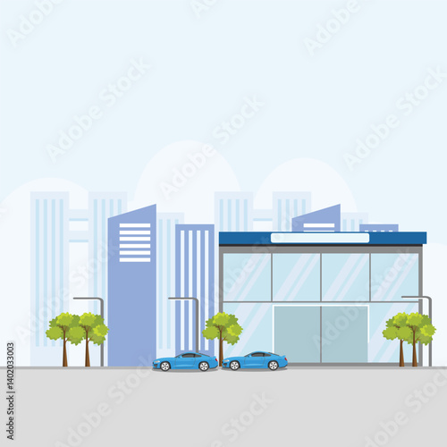 Vector illustration of car showroom in cartoon flat style. Dealership building for selling land vehicle. Automotive industry business car sales. Car parking roadside of glass building