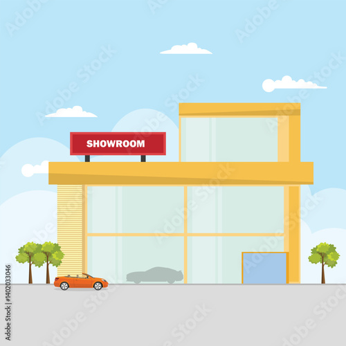 Vector illustration of car showroom in cartoon flat style. Dealership building for selling land vehicle. Automotive industry business car sales. Car parking roadside of glass building