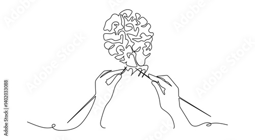 Continuous one line drawing of human hands knitting brain. Mental health and psychotherapy concept in simple linear style. Editable stroke. Doodle vector illustration