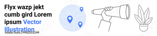Map with location pins, hand holding a telescope, potted plant. Ideal for navigation, discovery, exploration, wayfinding, searching adventure travel concepts. Perfect for a flat landing page banner