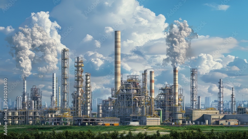 Industrial refinery complex under a partly cloudy sky, emitting smoke Industrial refinery complex under a partly cloudy sky, emitting smoke