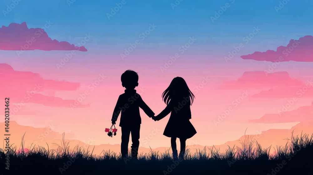 Fototapeta premium Silhouette Couple at Sunset Pixel Art Romance