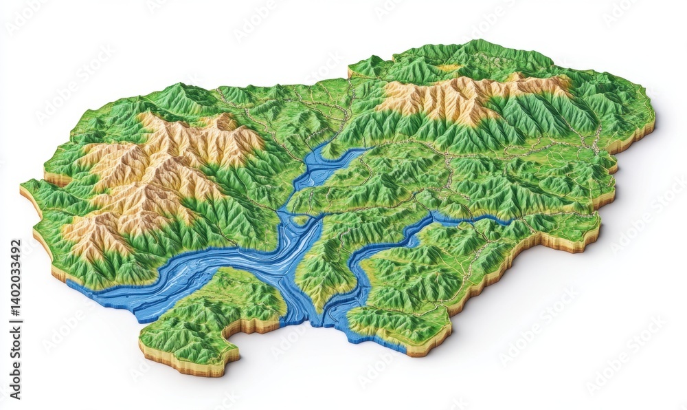 Fototapeta premium 3D topographic map of a mountainous region with rivers and valleys, ideal for geography education