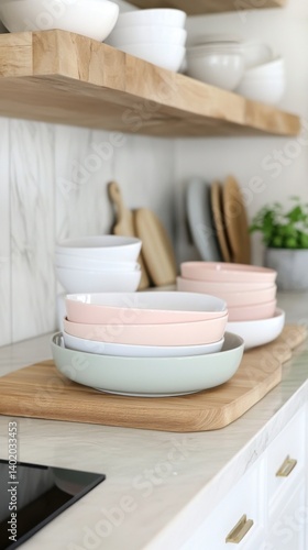 Minimalist Aesthetic and Pastel Concept Pastel-Colored Bowls and Plates on Wooden Countertop
