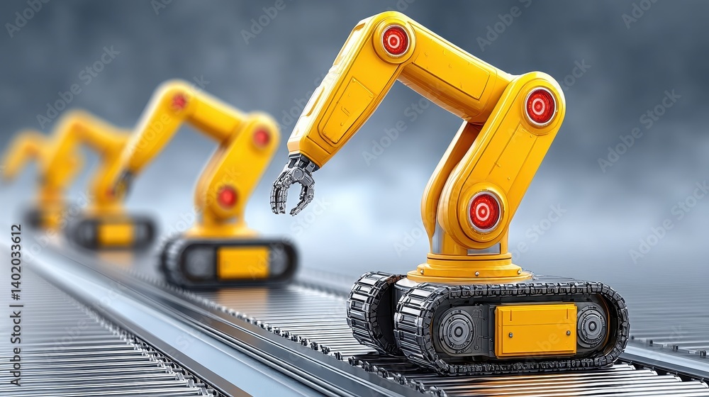 Robotic Arms in Yellow on a Metal Conveyor Belt for Automated Assembly Line Robotic Arms in Yellow on a Metal Conveyor Belt for Automated Assembly Line