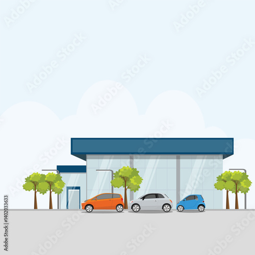 Vector illustration of car showroom in cartoon flat style. Dealership building for selling land vehicle. Automotive industry business car sales. Car parking roadside of glass building