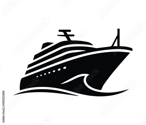 cruise ship icon, cruise ship silhouette vector illustration with Black and White Silhouette of a Cruise Ship at Sea.