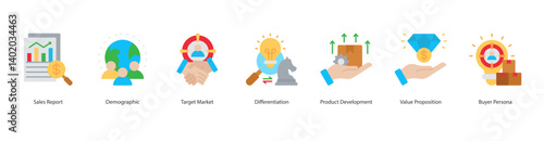 Target Market Selection icon sheet style outline vector sales report, demographic, target market, differentiation, product development, value proposition, buyer