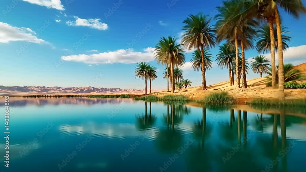 Serene Oasis with Palm Trees Reflecting in Calm Waters Under a Clear Blue Sky Serene Oasis with Palm Trees Reflecting in Calm Waters Under a Clear Blue Sky