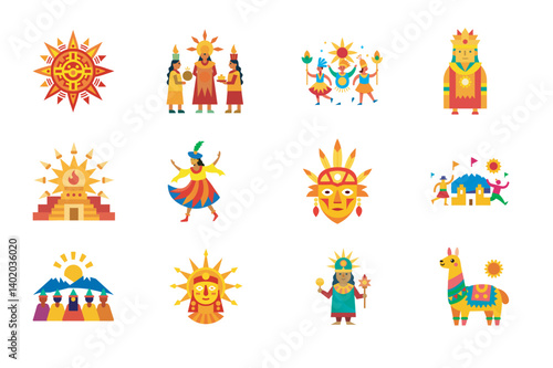 Inti Raymi Icon Collection – Colorful Andean Festival Symbols, Vibrant Andean Culture Icon Set of Inca Traditions, Symbols, and Festive Celebrations