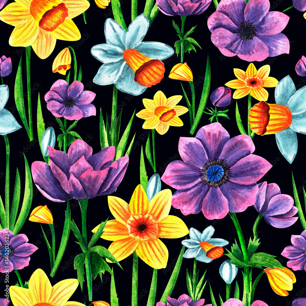 Seamless pattern with anemones, yellow and white daffodils on black background, watercolor floral pattern suitable for wallpaper, cards or fabric. Seamless pattern with anemones, yellow and white daffodils on black background, watercolor floral pattern suitable for wallpaper, cards or fabric.