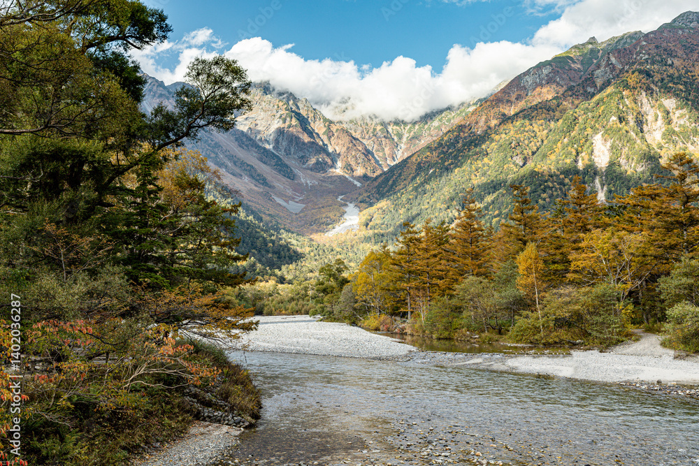 captures the breathtaking beauty of Kamikochi, a mountainous highland valley in the Northern Japan Alps.