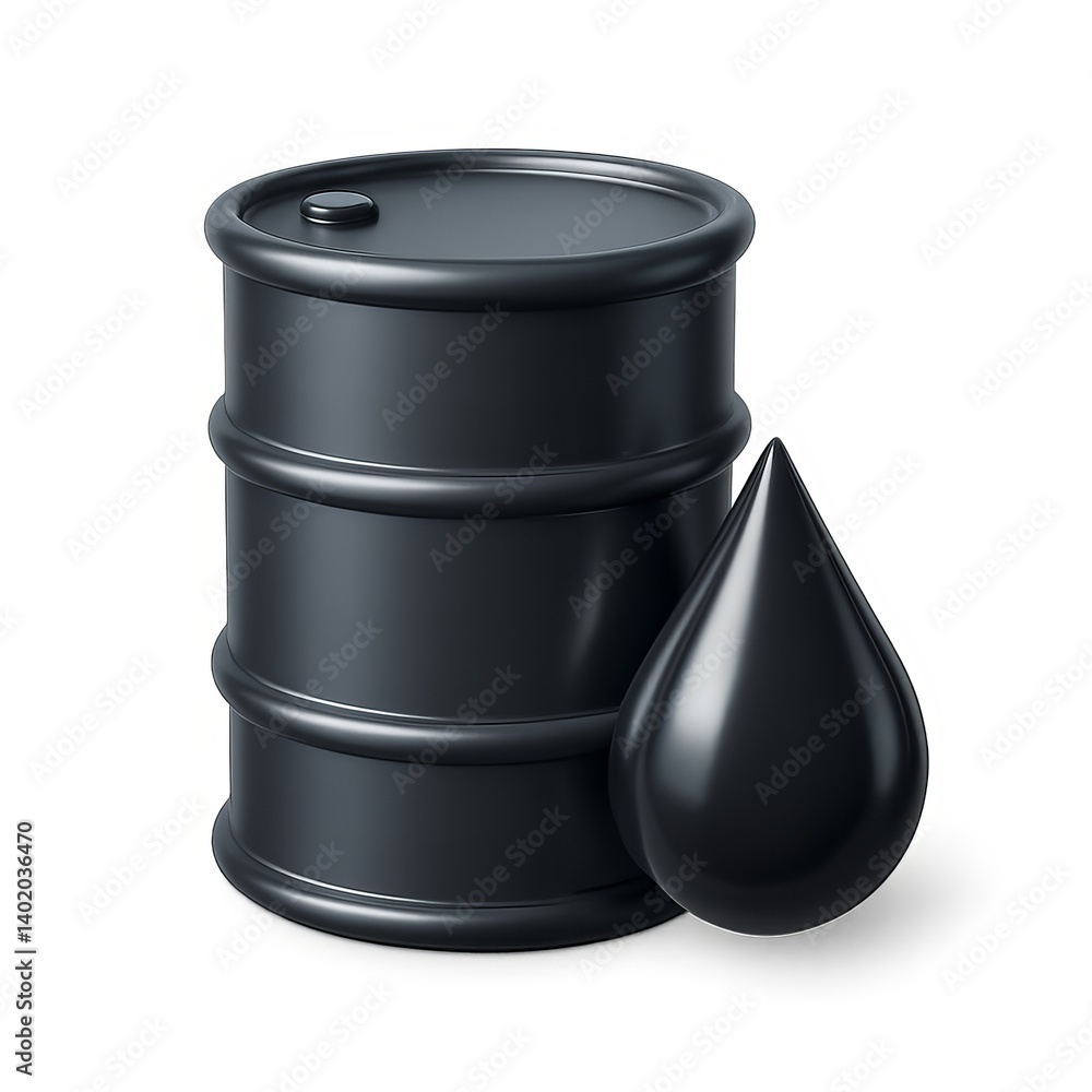 Simple 3D Icon of Crude Oil Barrel and Droplet on White Background Simple 3D Icon of Crude Oil Barrel and Droplet on White Background
