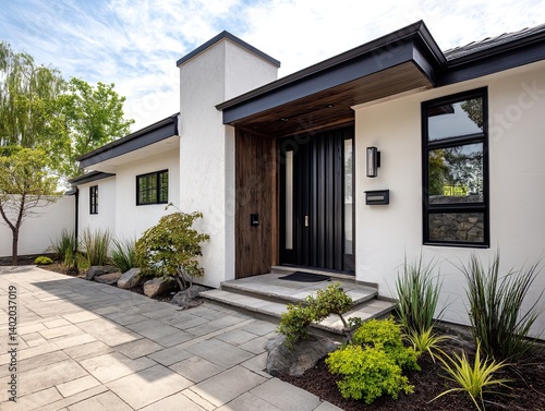 Contemporary home facade with a dark wood front door stands near garden greenery under a bright sky for architectural use.