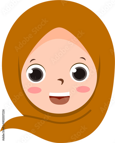Smiling Cartoon Girl with Brown Headscarf.