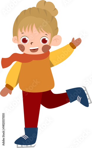 Cheerful Girl Ice Skating with Scarf, Cartoon Illustration