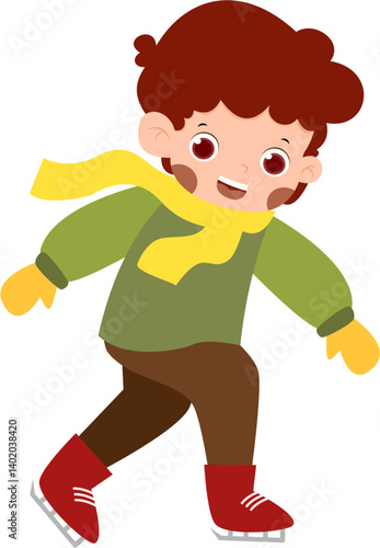 Animated boy ice skating, wearing yellow scarf, green sweater, red skates, winter fun.