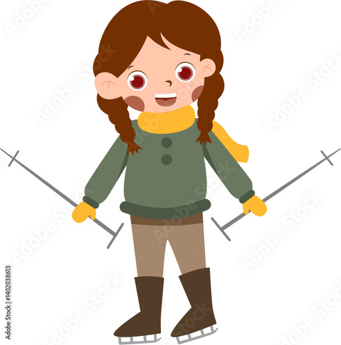 Cartoon Girl Skater with Braids, Yellow Scarf, and Ski Poles.