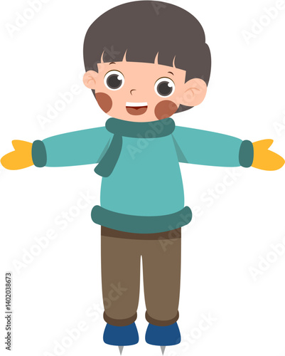 Cartoon boy ice skating with open arms, winter clothes.
