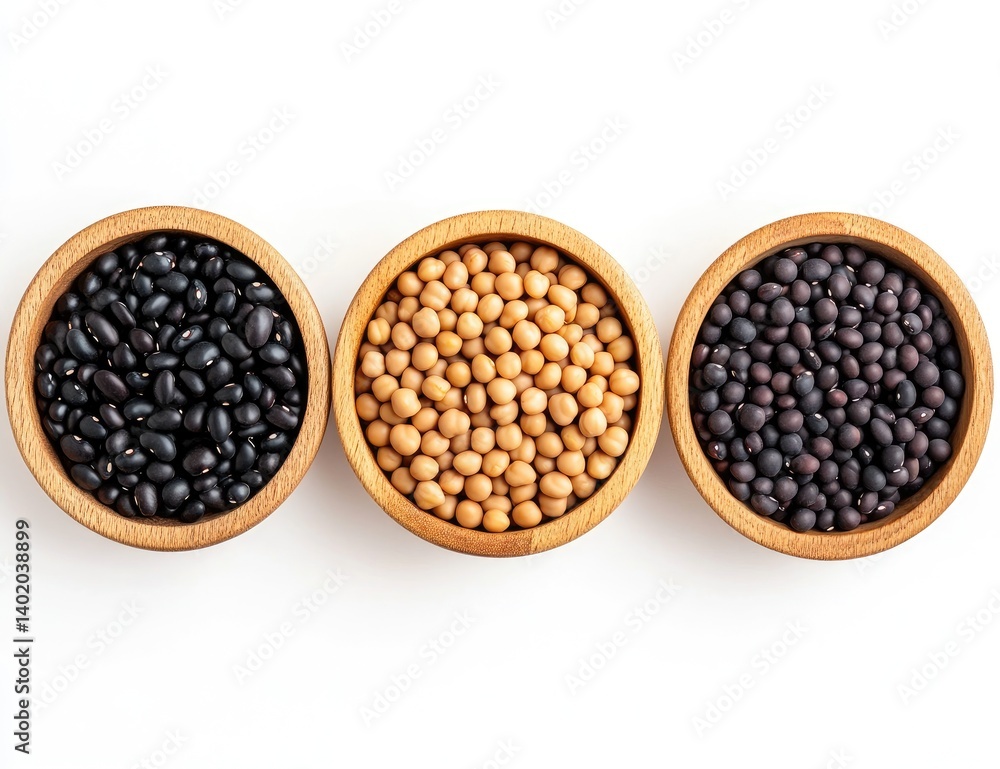 Three wooden bowls filled with black beans, soy beans, and black lentils Three wooden bowls filled with black beans, soy beans, and black lentils