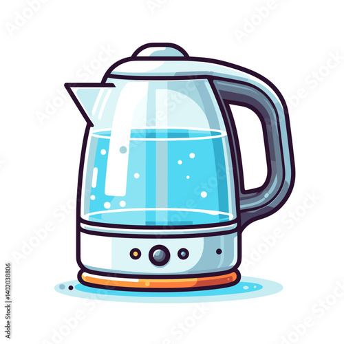Glass electric kettle with blue water inside. Perfect for kitchen appliance marketing, modern cooking equipment, hot beverage preparation, or home gadget illustrations.