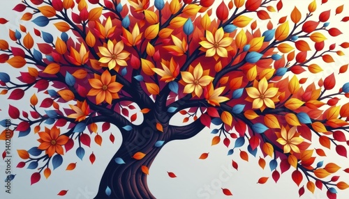 Fototapeta Naklejka Na Ścianę i Meble -  A vibrant and whimsical illustration of a tree with colorful leaves hanging from its branches, creating a stunning and eye catching 3D abstraction wallpaper filled with floral beauty.