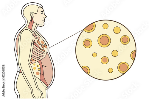 36 Human torso, belly fat, detailed skin texture, anatomical cross-section, adipose tissue, yellow fat cells, microscopic view, cellular structure, round lipid droplets, golden spheres, scientific ill
