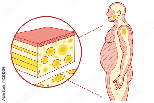 36 Human torso, belly fat, detailed skin texture, anatomical cross-section, adipose tissue, yellow fat cells, microscopic view, cellular structure, round lipid droplets, golden spheres, scientific ill