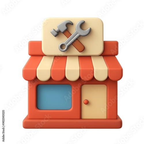 Simple 3D Icon of a Hardware Store with Tools on Sign