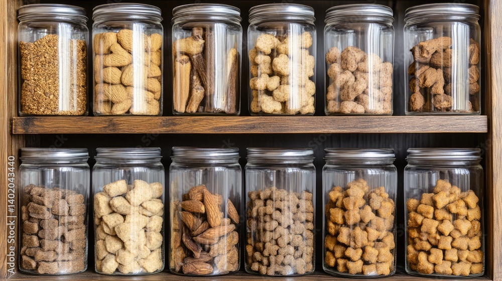 Clear jars filled with different flavors of holistic dog food on wooden shelves