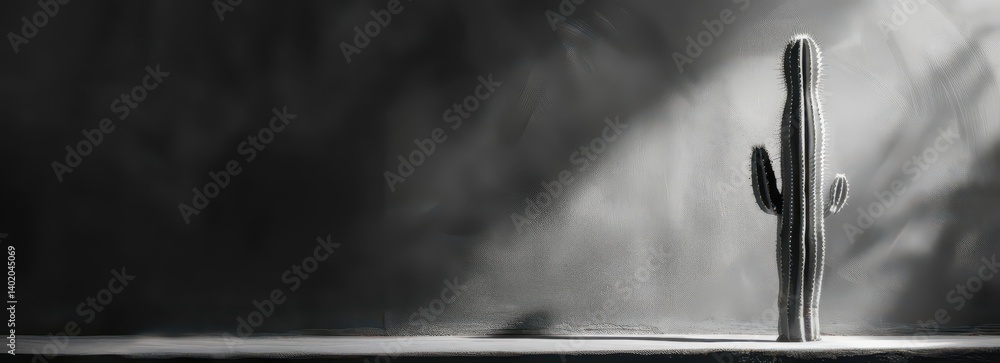 A solitary cactus stands in a spotlight against a dark background, evoking isolation. A solitary cactus stands in a spotlight against a dark background, evoking isolation.